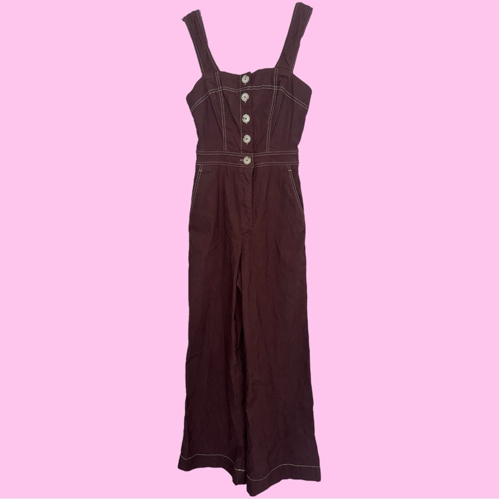 Maeve Brown Button-Front Jumpsuit